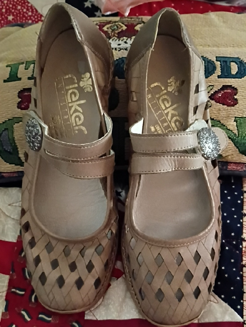 Rieker Women's Tan Woven Mary Jane Flats with Decorative Button